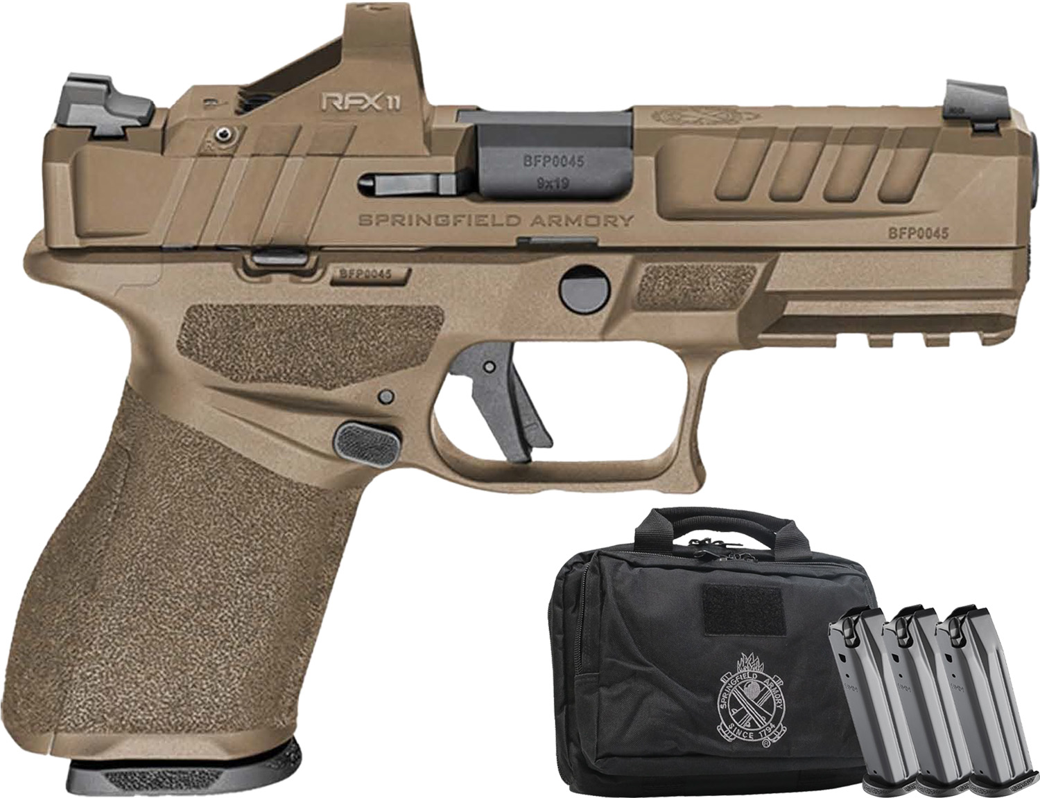 Tan Springfield Armory pistol with optic and magazines