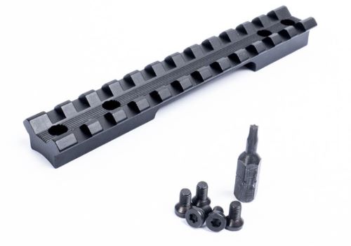 Black Picatinny rail mount with screws and hex bit