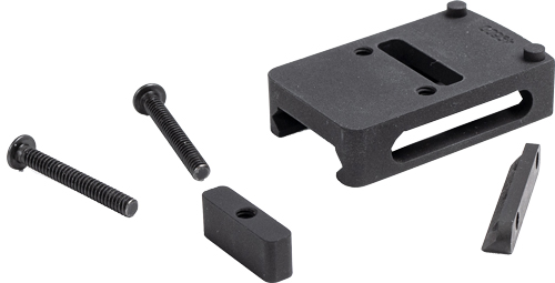 Black metal clamp components with screws and wedge