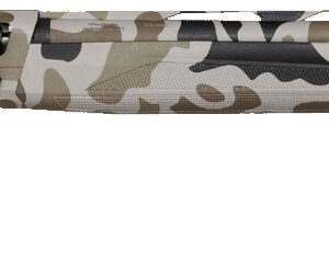 Camouflage-patterned semi-automatic shotgun on white background