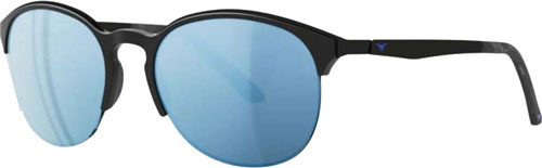 Black frame sunglasses with blue mirrored lenses