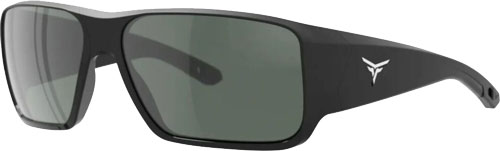 Black wraparound sunglasses with green tinted lenses