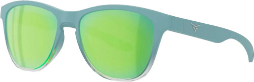 Blue frame sunglasses with green mirrored lenses
