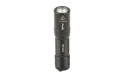 Black tactical LED flashlight on white background