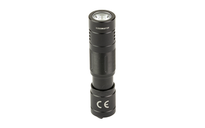 Black handheld LED flashlight on white background