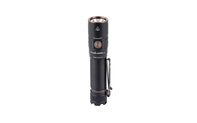 Black tactical flashlight with pocket clip