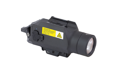Black tactical weapon-mounted flashlight with warning label