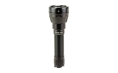 Black tactical flashlight on white background