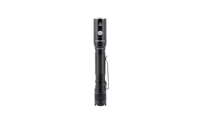Black tactical flashlight isolated on white background