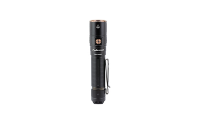 Black tactical flashlight isolated on white background