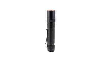 Black tactical flashlight isolated on white background