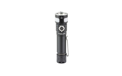 Black tactical handheld flashlight isolated on white background
