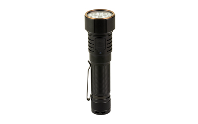 Black tactical handheld flashlight on white background