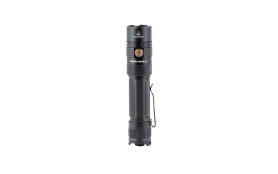 Black tactical LED flashlight on white background