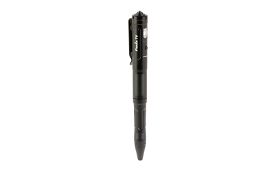 Black tactical pen with clip on white background