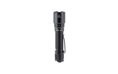 Black tactical flashlight isolated on white background