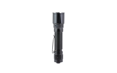 Black tactical flashlight on white background