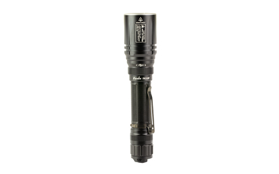 Black tactical metal flashlight isolated on white background