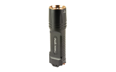 Black tactical flashlight with textured grip
