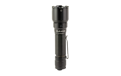 Black tactical flashlight with textured grip