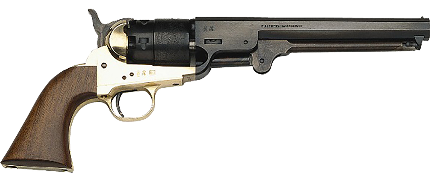 Antique black and brass revolver with wooden grip