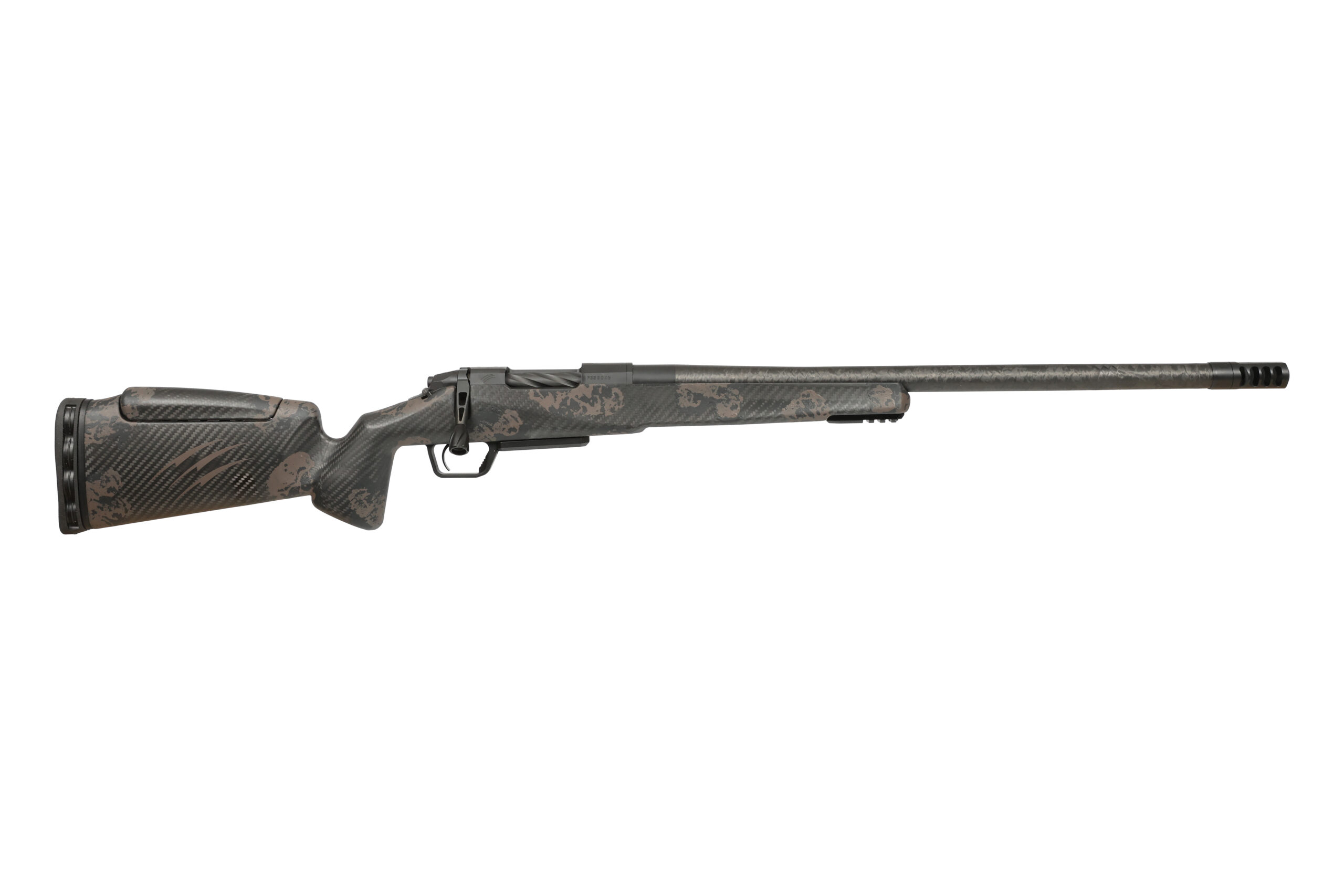 Camouflage bolt-action hunting rifle on white background