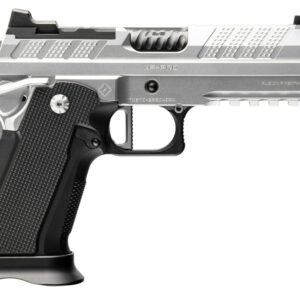 Silver semi-automatic pistol with black grip