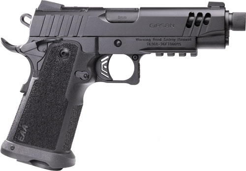 Black semi-automatic handgun side profile