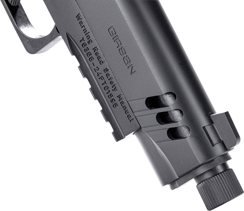 Close-up of semi-automatic pistol slide and barrel