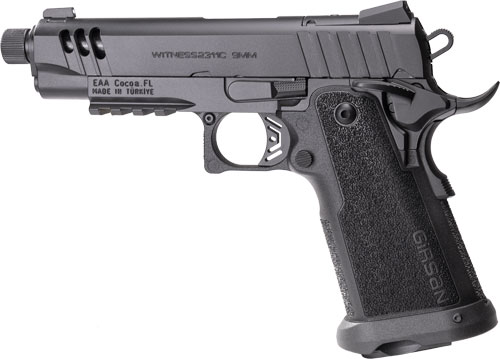 Black semi-automatic pistol on white background