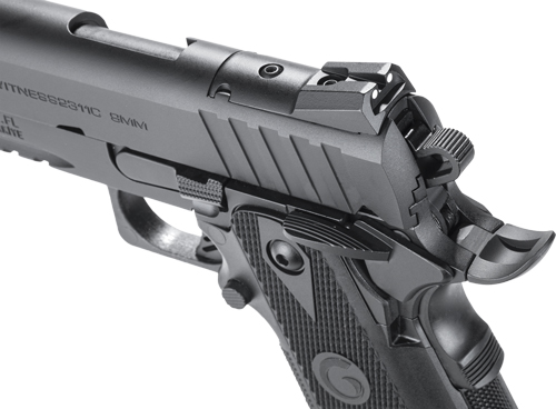 Close-up of a black semi-automatic handgun