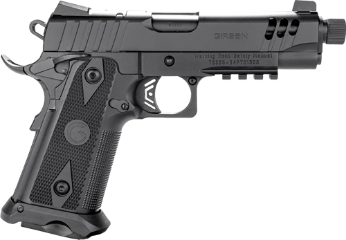 Black semi-automatic pistol with textured grip and rail