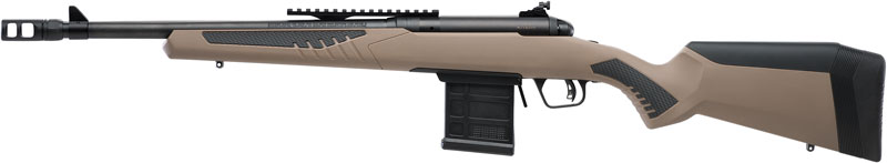 Tan and black bolt-action rifle with magazine