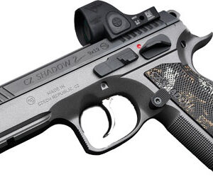 Black semi-automatic pistol with mounted red dot sight