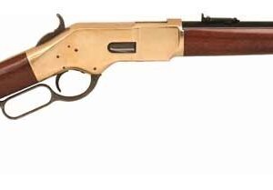 Lever-action rifle with wooden stock and brass receiver