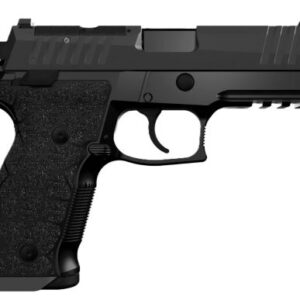 Black semi-automatic handgun on white background