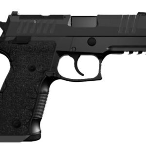Black semi-automatic pistol on white background