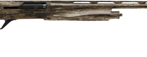 Camouflage-patterned semi-automatic shotgun on white background