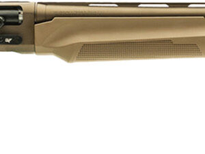 Tan pump-action shotgun on white background