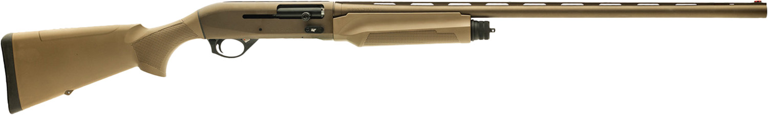 Tan pump-action shotgun on white background
