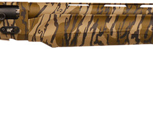 Camouflage bolt-action hunting rifle on white background