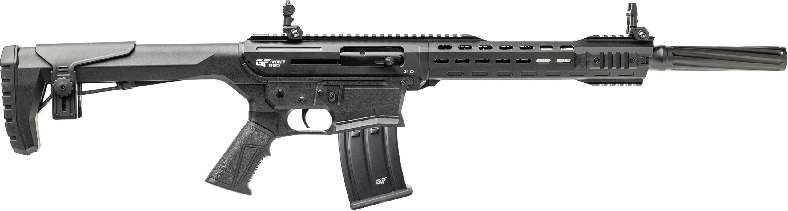 Black semi-automatic tactical shotgun with magazine