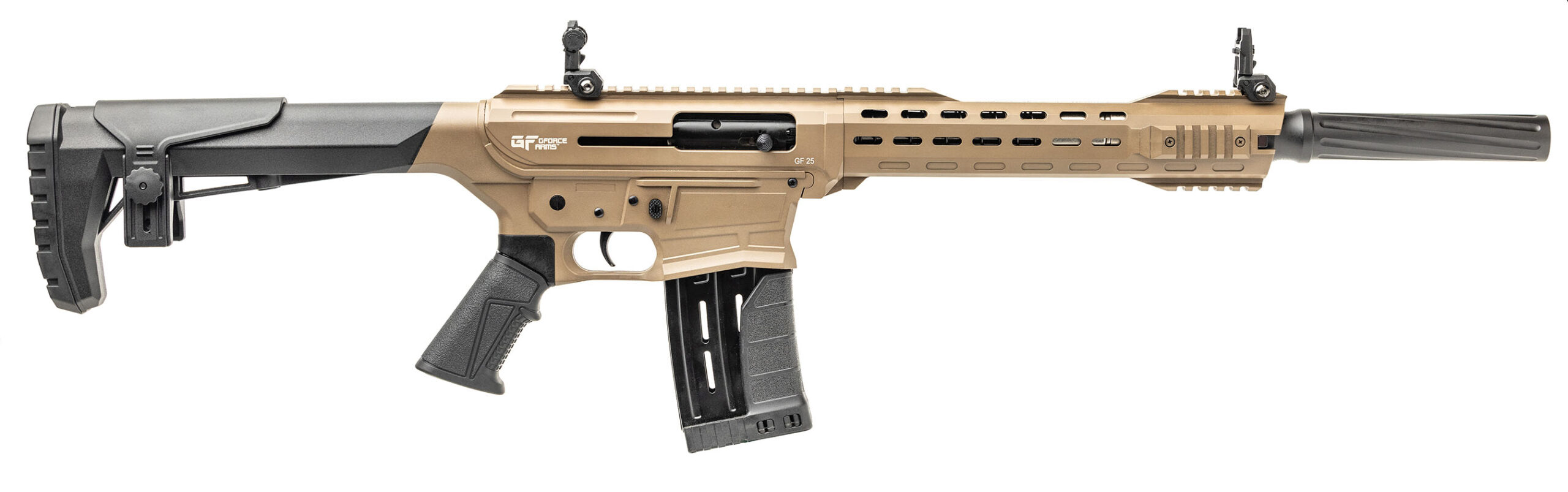 Tan and black tactical semi-automatic shotgun