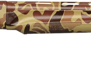 Camouflage-patterned shotgun on white background