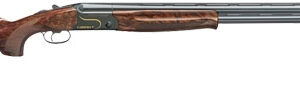 Over-under shotgun with wooden stock on white background