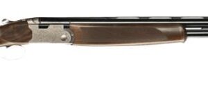 Over-under shotgun with wooden stock on white background