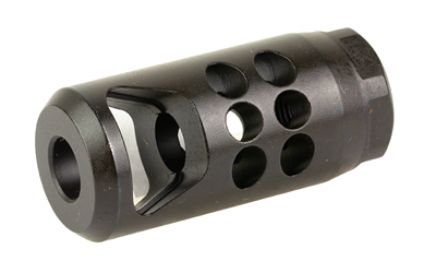 Black metal muzzle brake with side ports