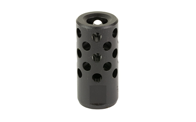 Black cylindrical muzzle brake with side ports