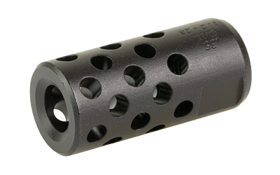 Black cylindrical muzzle brake with multiple ports