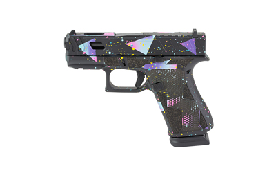 Colorful geometric-patterned handgun on white background